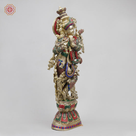 Brass Krishna Standing Fine, Stone Work 30”