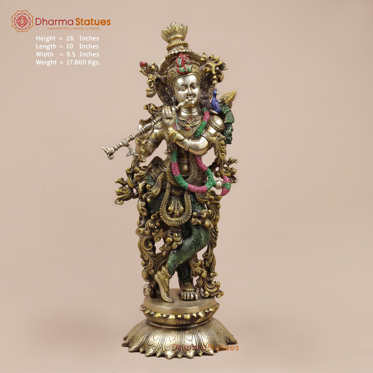 Brass Krishna on Lotus Base, Colorful Finish 26”