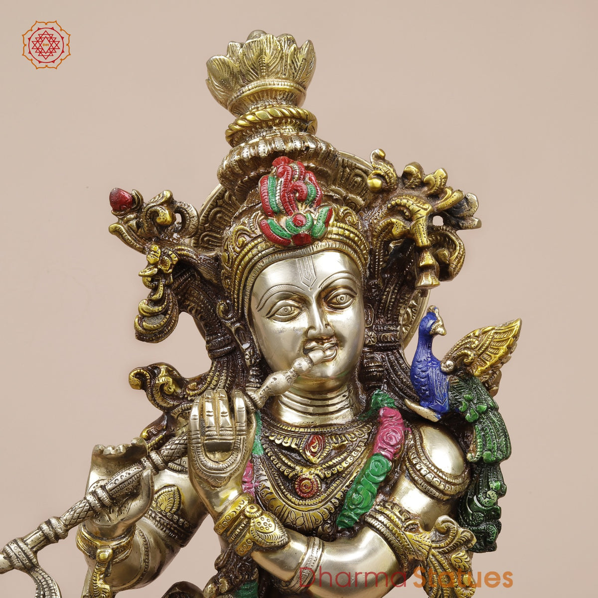 Brass Krishna on Lotus Base, Colorful Finish 26”
