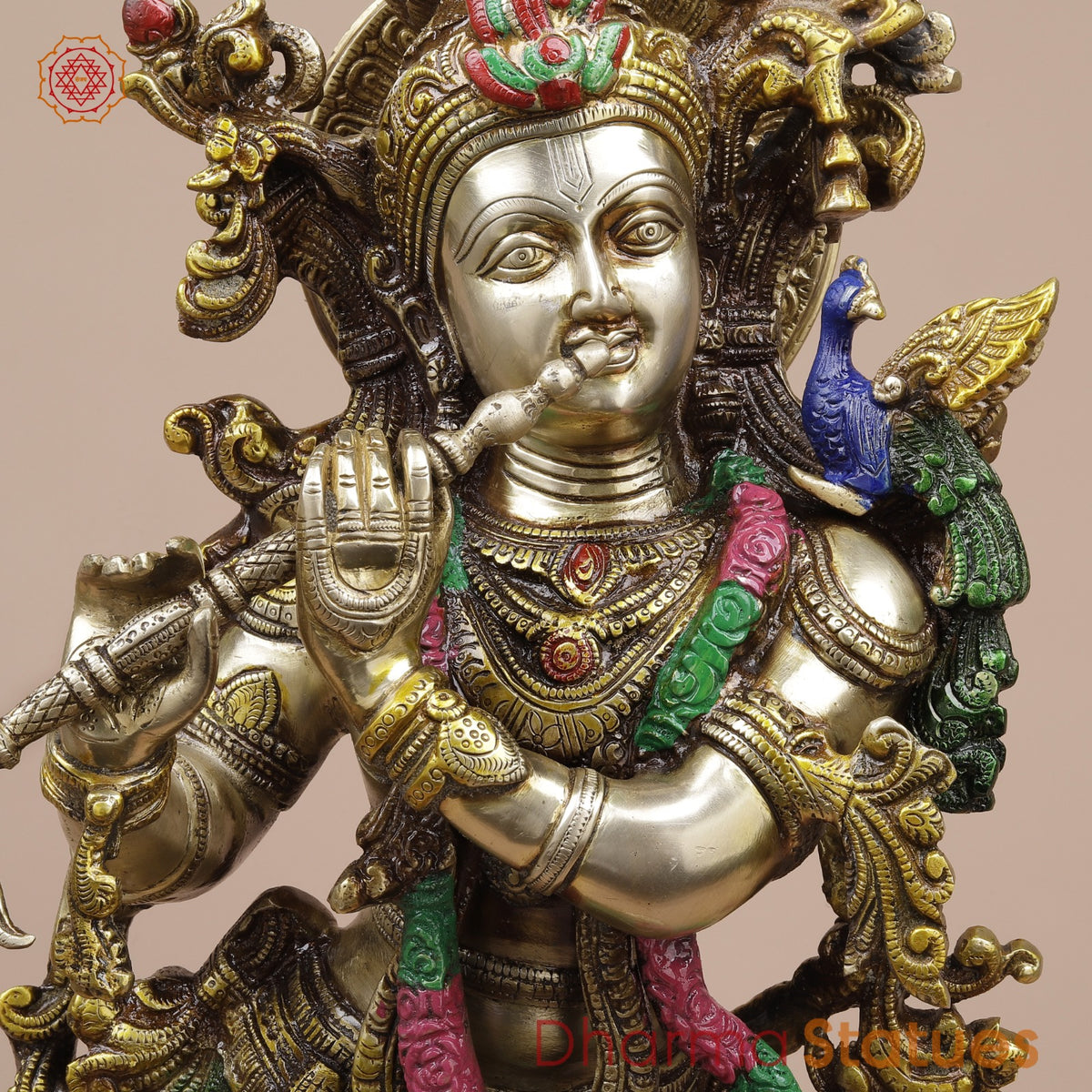 Brass Krishna on Lotus Base, Colorful Finish 26”
