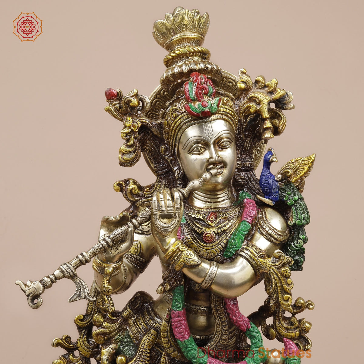 Brass Krishna on Lotus Base, Colorful Finish 26”