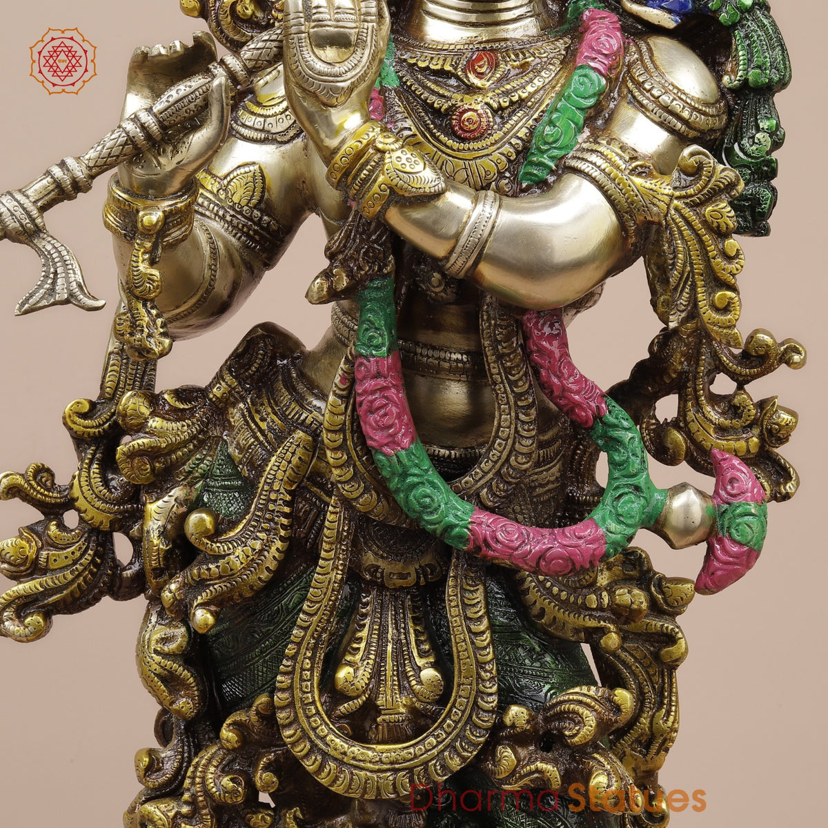 Brass Krishna on Lotus Base, Colorful Finish 26”