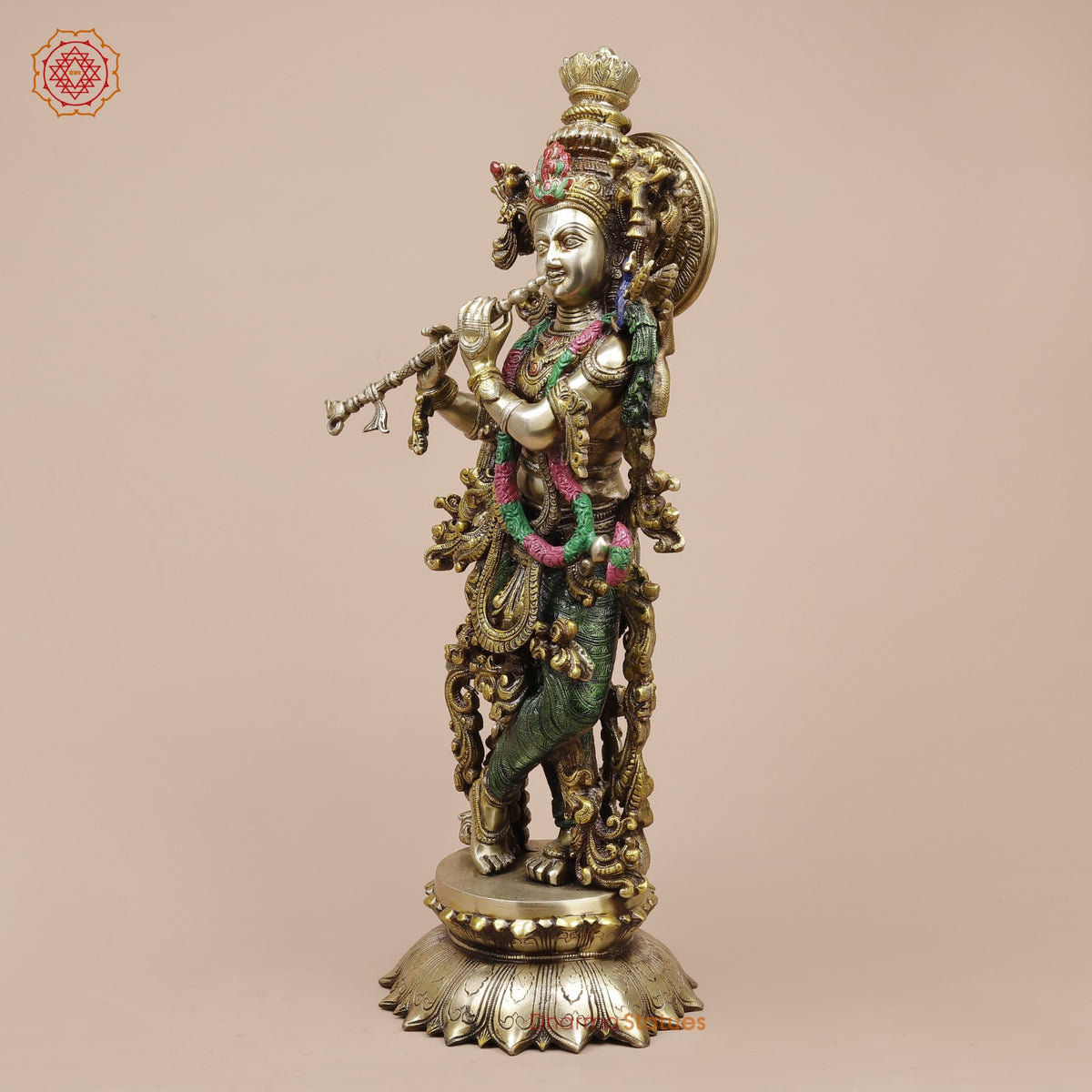 Brass Krishna on Lotus Base, Colorful Finish 26”