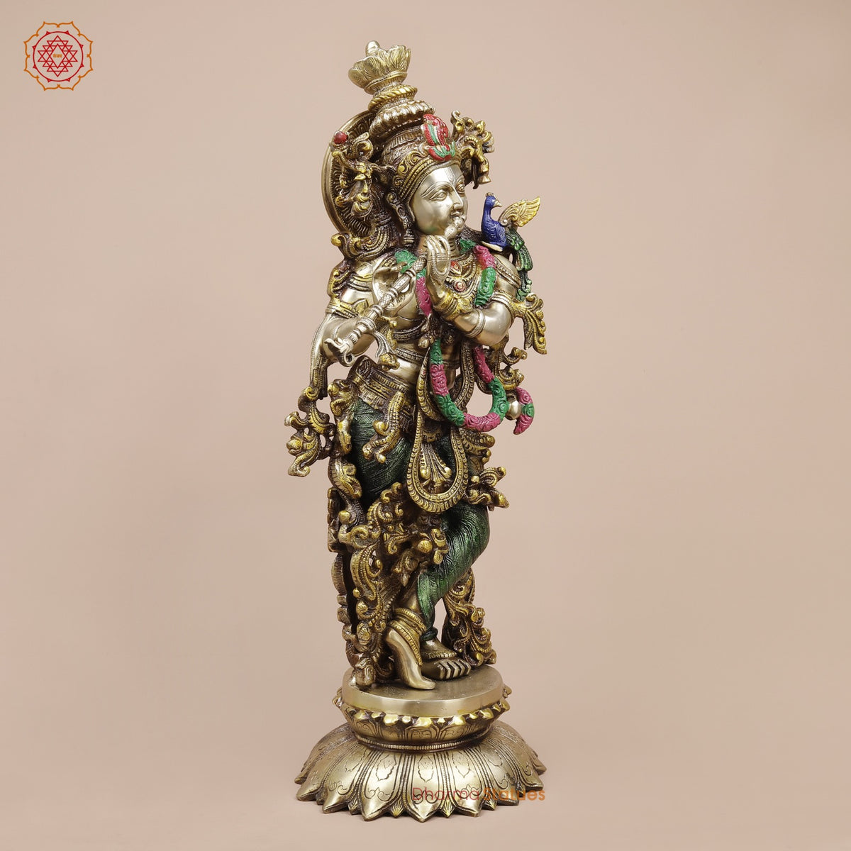 Brass Krishna on Lotus Base, Colorful Finish 26”