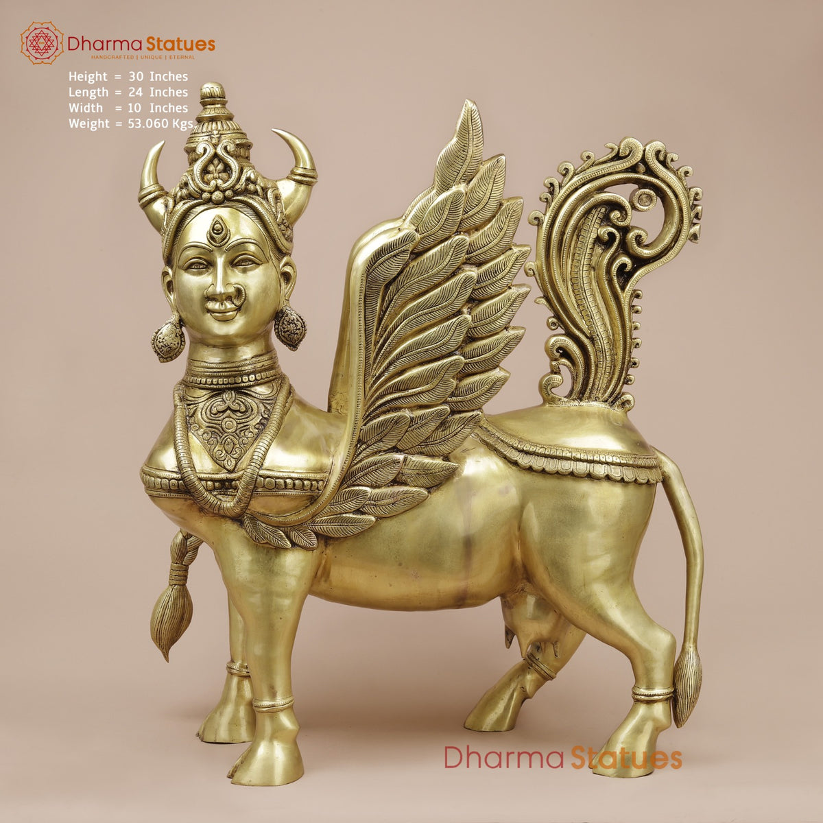 Brass Kamdhenu Standing Fine, Special Gold Finish 30”