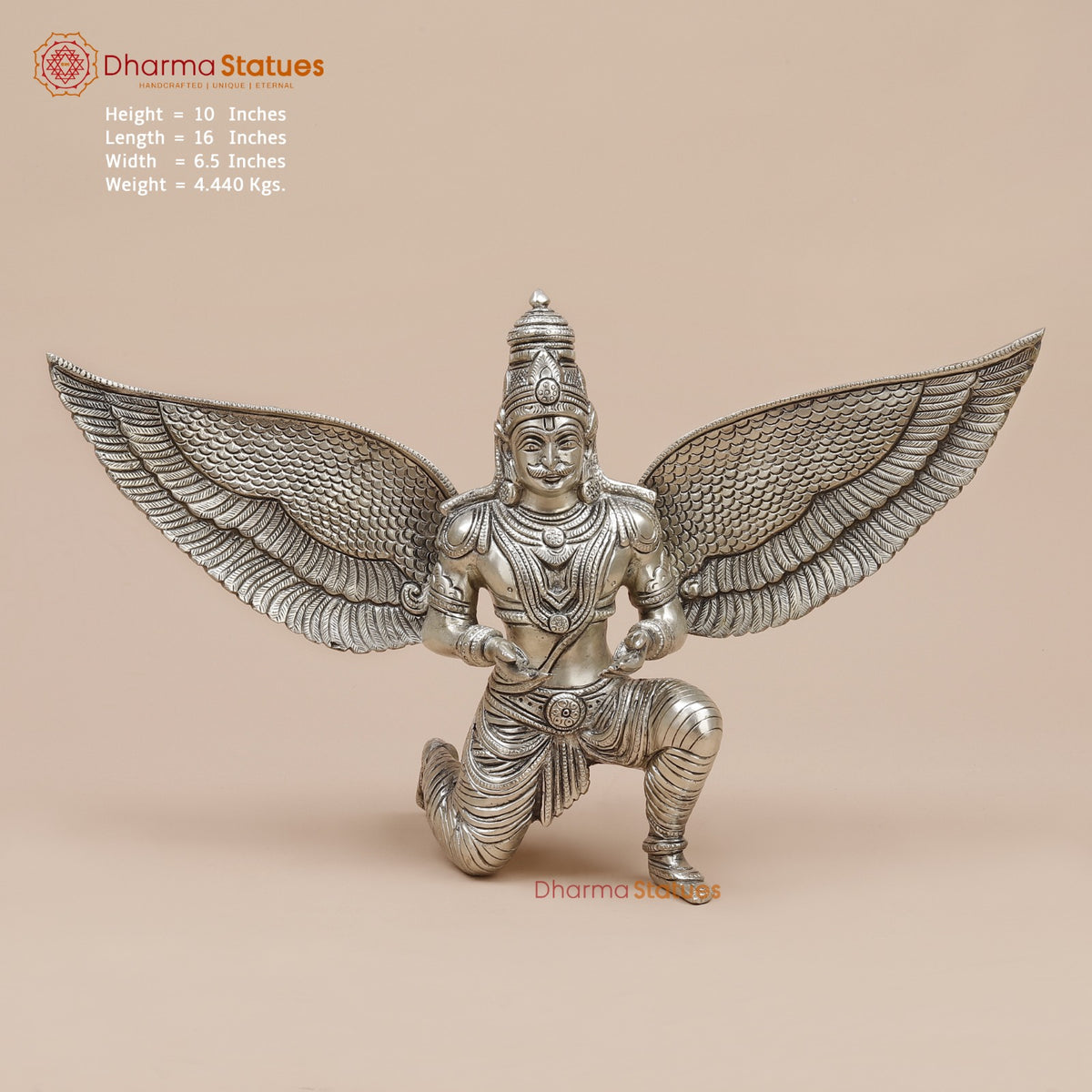 Brass Garuda Seated With Open Wings Fine, Silver Coated 10”