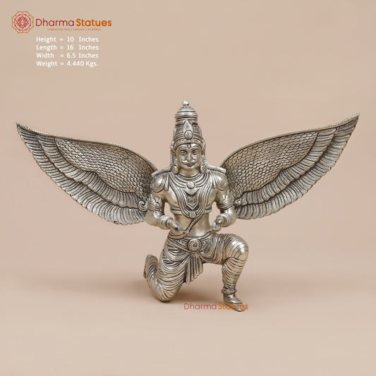 Brass Garuda Seated With Open Wings Fine, Silver Coated 10”