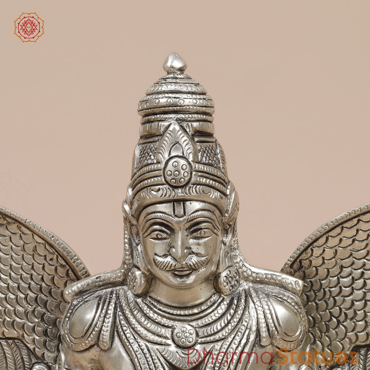 Brass Garuda Seated With Open Wings Fine, Silver Coated 10”
