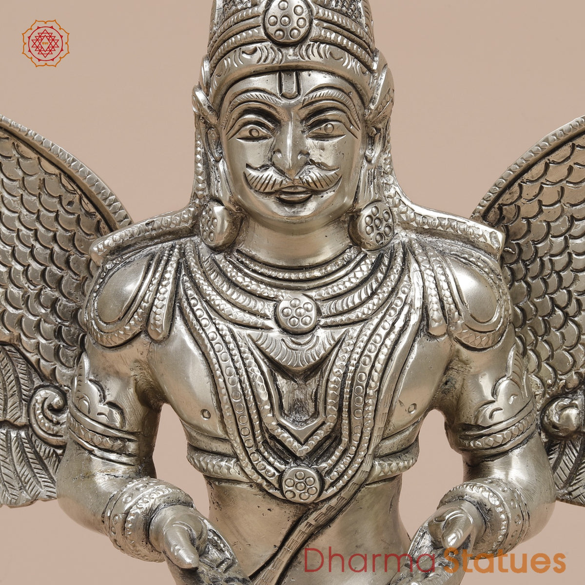 Brass Garuda Seated With Open Wings Fine, Silver Coated 10”