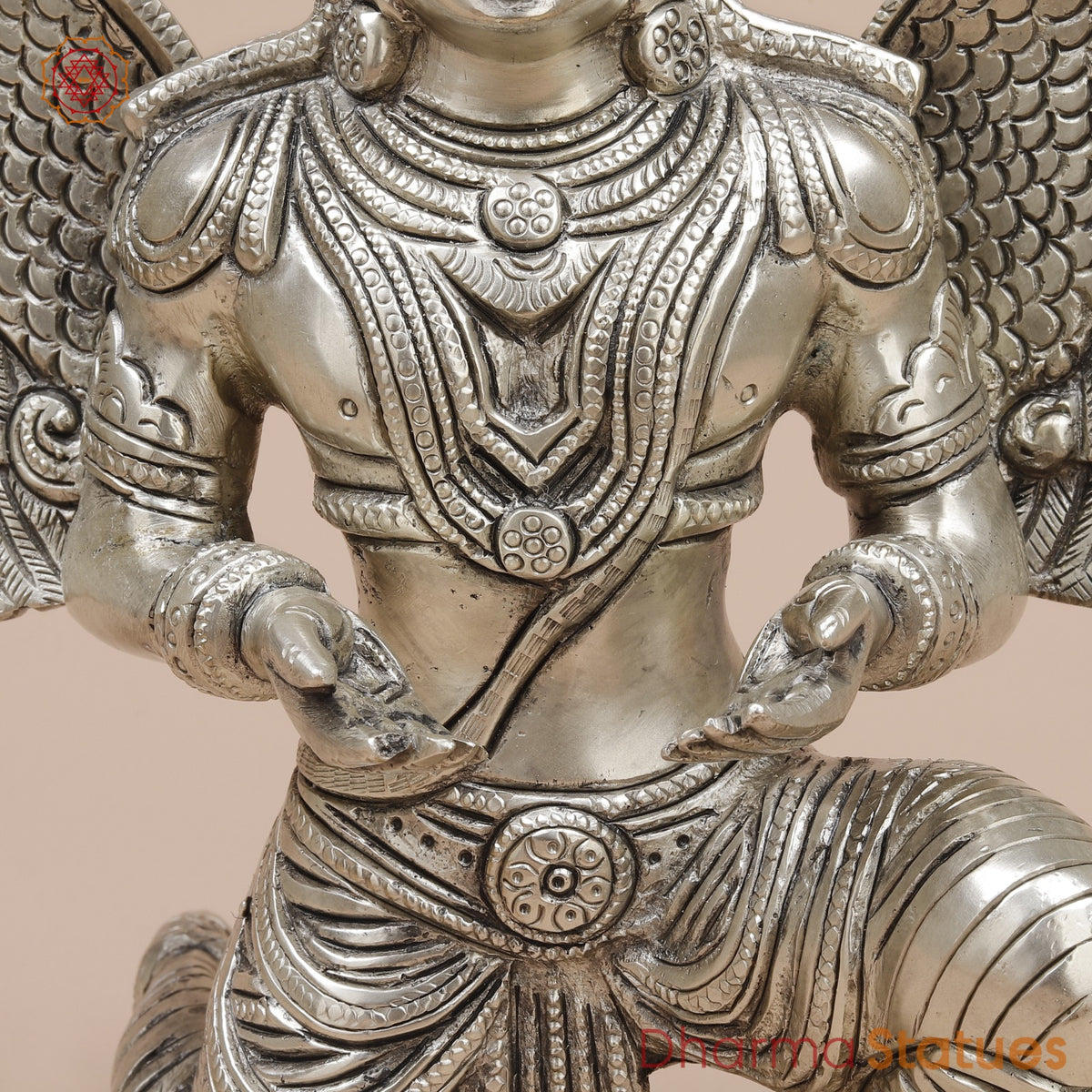 Brass Garuda Seated With Open Wings Fine, Silver Coated 10”