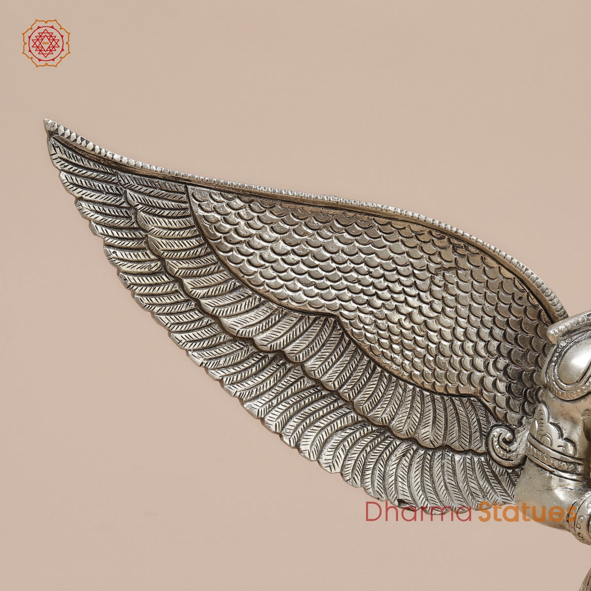 Brass Garuda Seated With Open Wings Fine, Silver Coated 10”