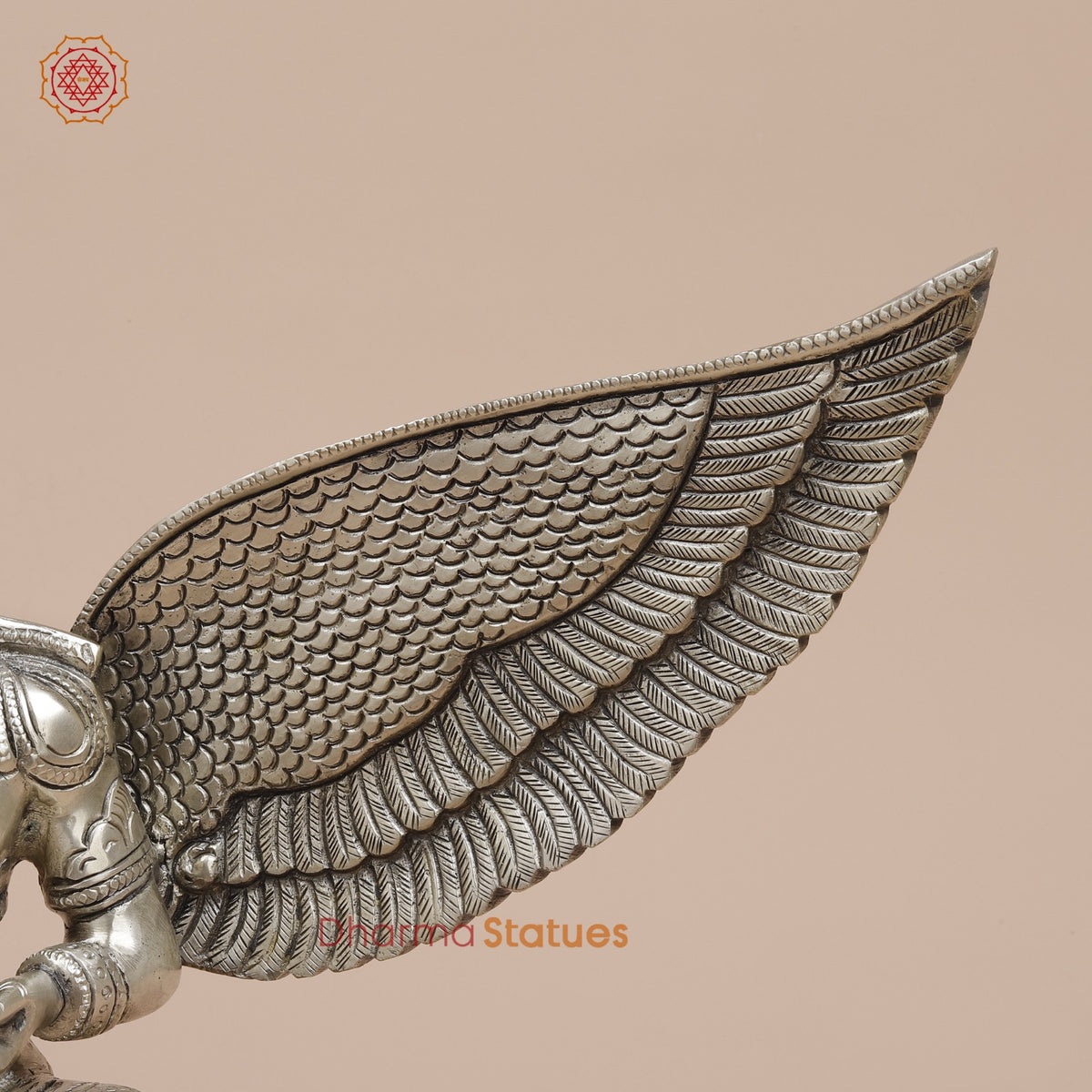 Brass Garuda Seated With Open Wings Fine, Silver Coated 10”