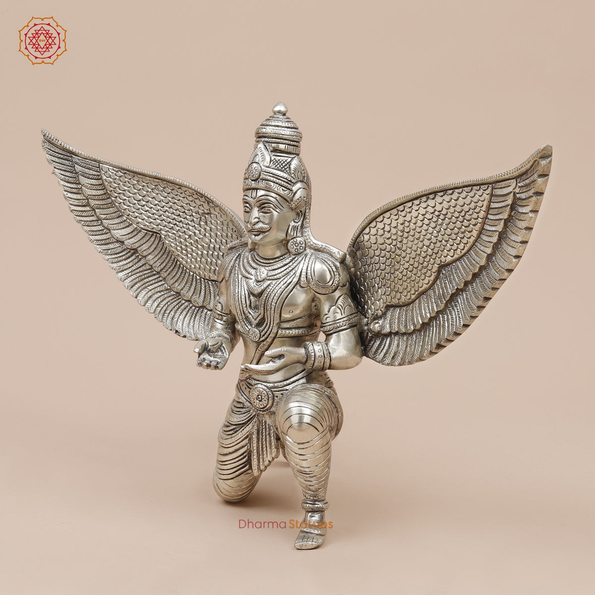 Brass Garuda Seated With Open Wings Fine, Silver Coated 10”