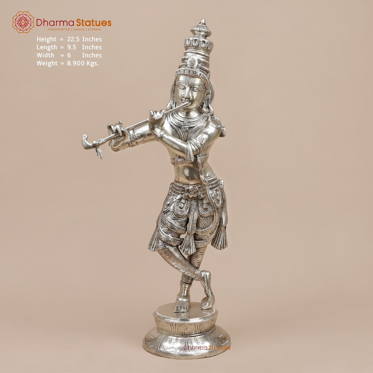 Brass Krishna Standing Fine, Silver Coated 23”
