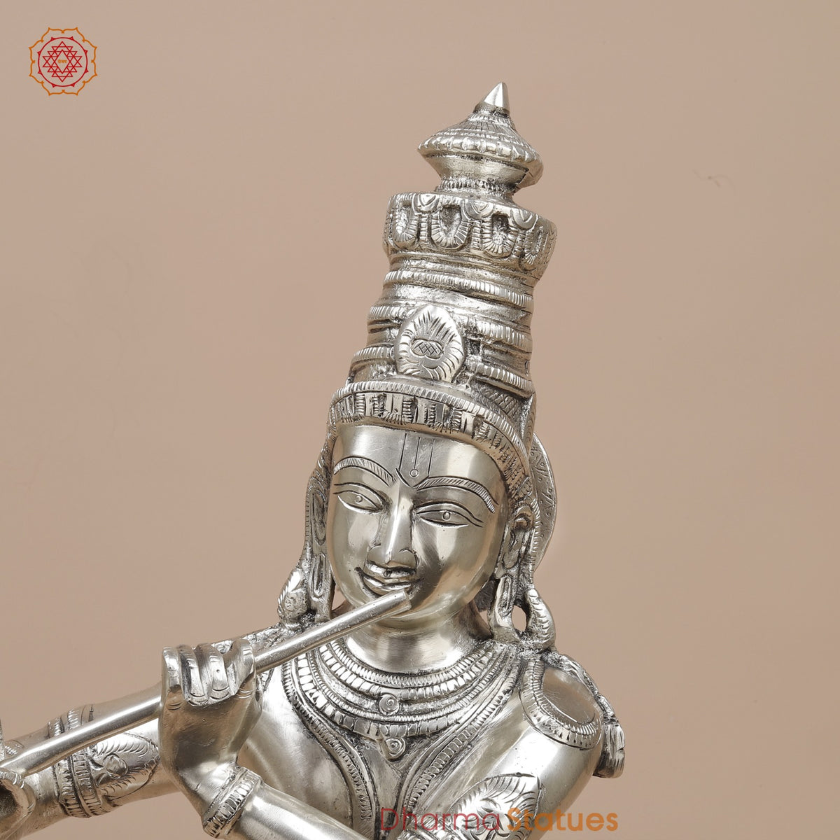 Brass Krishna Standing Fine, Silver Coated 23”
