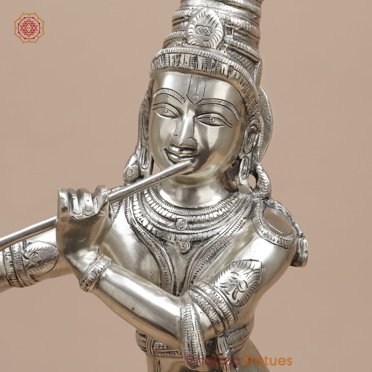 Brass Krishna Standing Fine, Silver Coated 23”