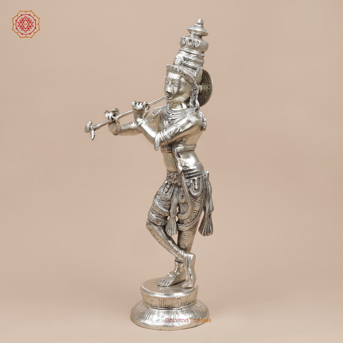 Brass Krishna Standing Fine, Silver Coated 23”