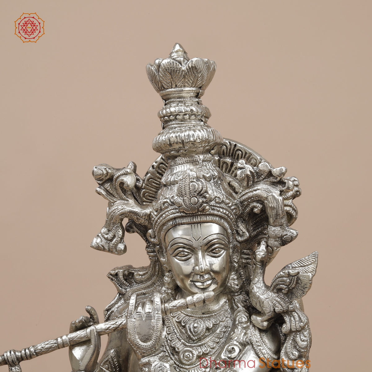 Brass Krishna Standing Fine, Silver Coated 25”