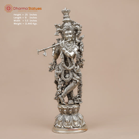 Brass Krishna Standing Fine, Silver Coated 25”