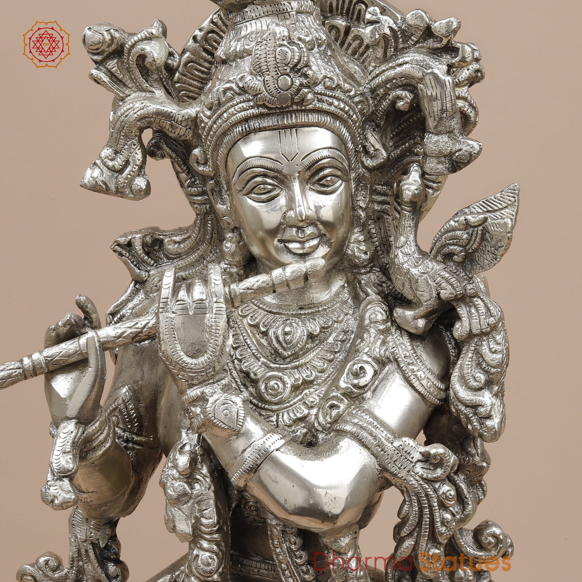 Brass Krishna Standing Fine, Silver Coated 25”
