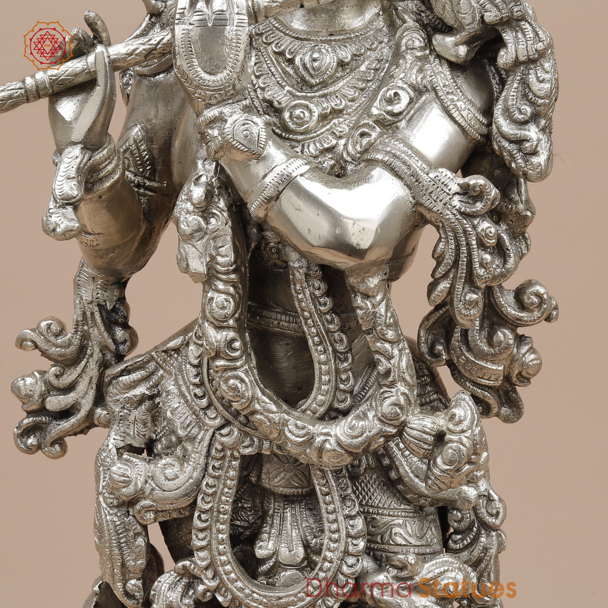 Brass Krishna Standing Fine, Silver Coated 25”