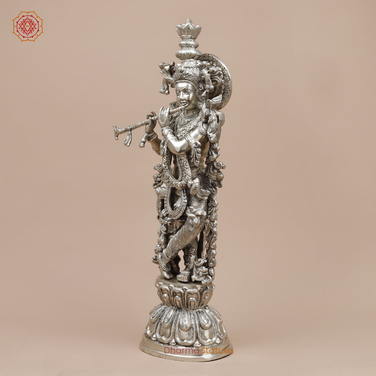 Brass Krishna Standing Fine, Silver Coated 25”