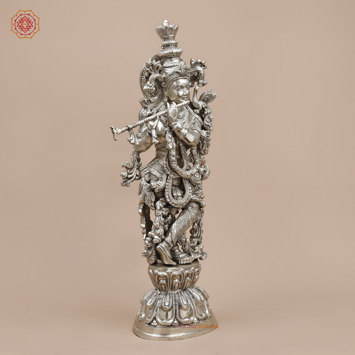 Brass Krishna Standing Fine, Silver Coated 25”