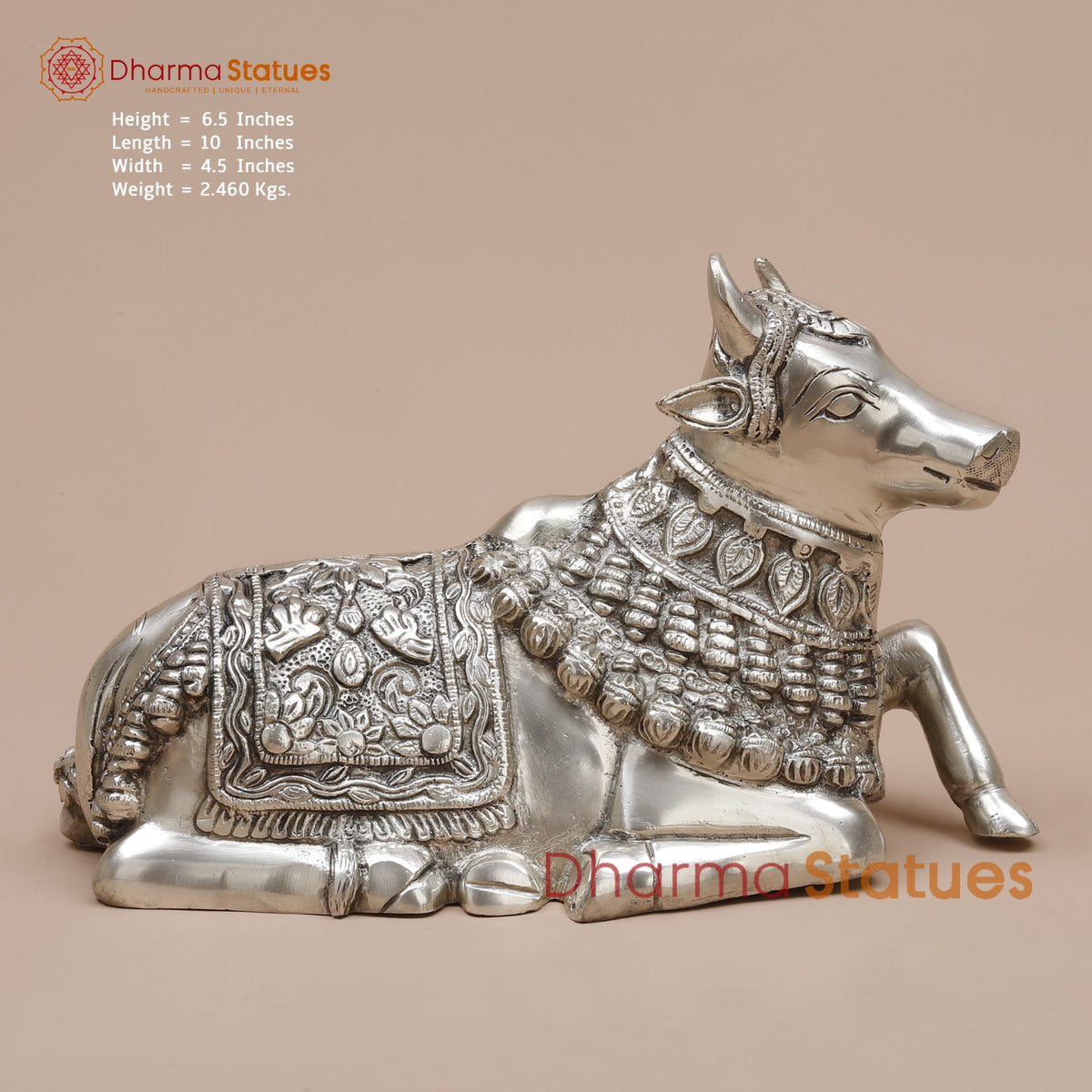 Brass Nandi Seated Fine, Silver Coated 10”