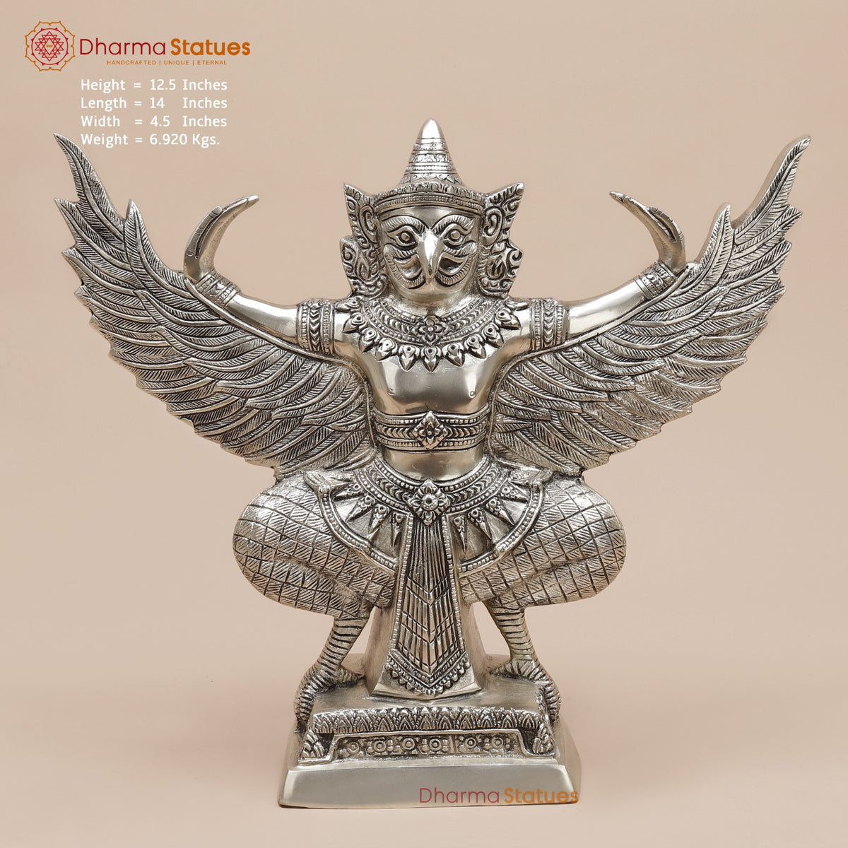 Brass Garuda Seated With Open Wings Fine, Silver Coated 13”