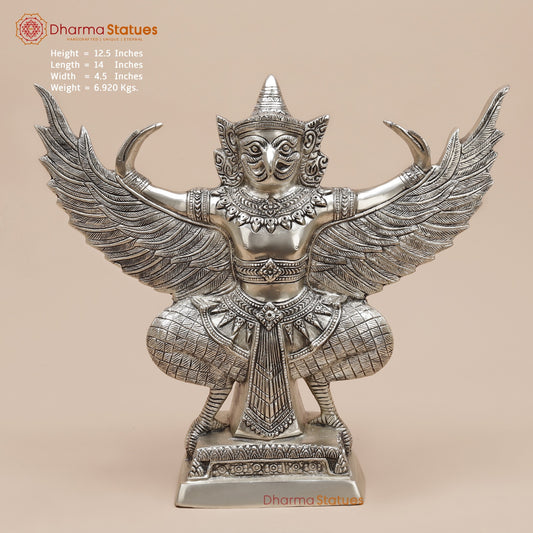 Brass Garuda Seated With Open Wings Fine, Silver Coated 13”