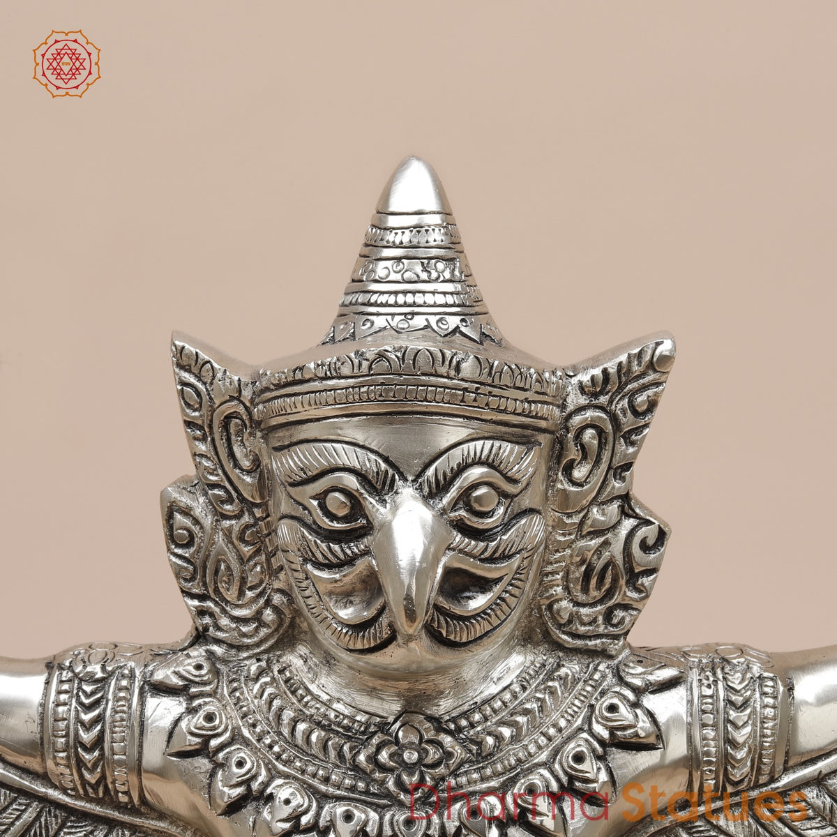 Brass Garuda Seated With Open Wings Fine, Silver Coated 13”