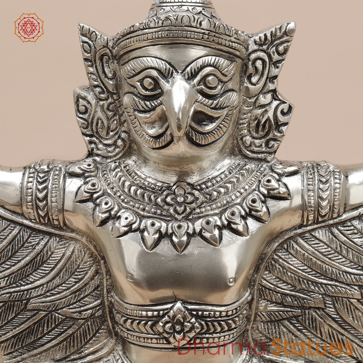 Brass Garuda Seated With Open Wings Fine, Silver Coated 13”