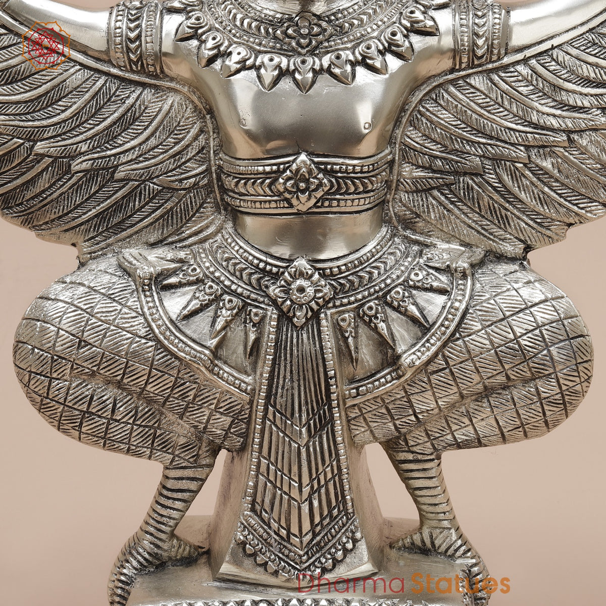 Brass Garuda Seated With Open Wings Fine, Silver Coated 13”