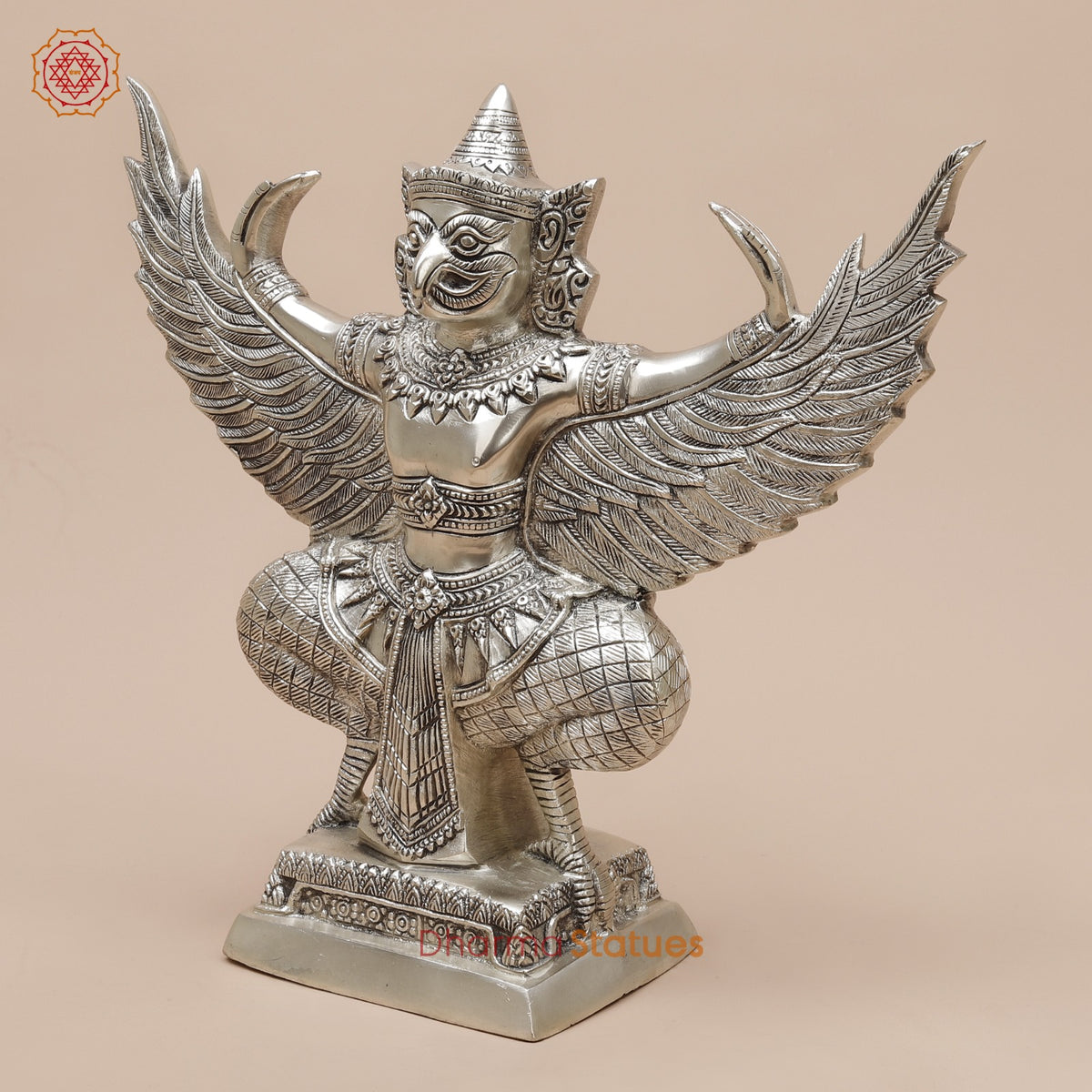Brass Garuda Seated With Open Wings Fine, Silver Coated 13”