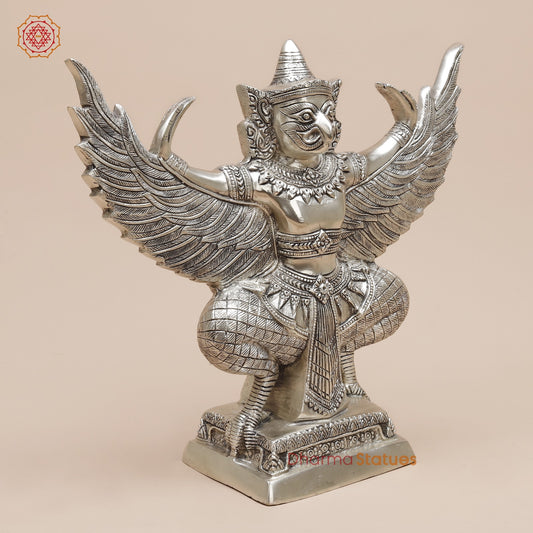 Brass Garuda Seated With Open Wings Fine, Silver Coated 13”