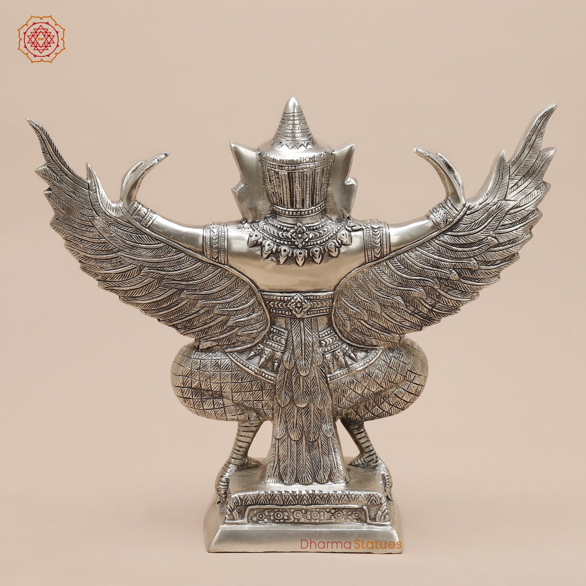 Brass Garuda Seated With Open Wings Fine, Silver Coated 13”