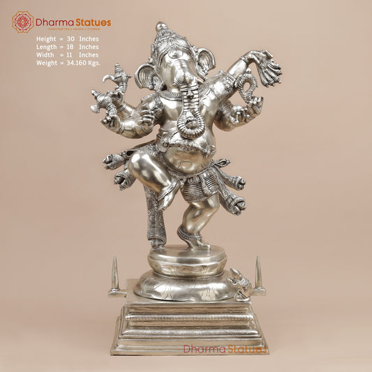 Brass Joyful Dancing Ganesh Fine, Silver Coated 30”