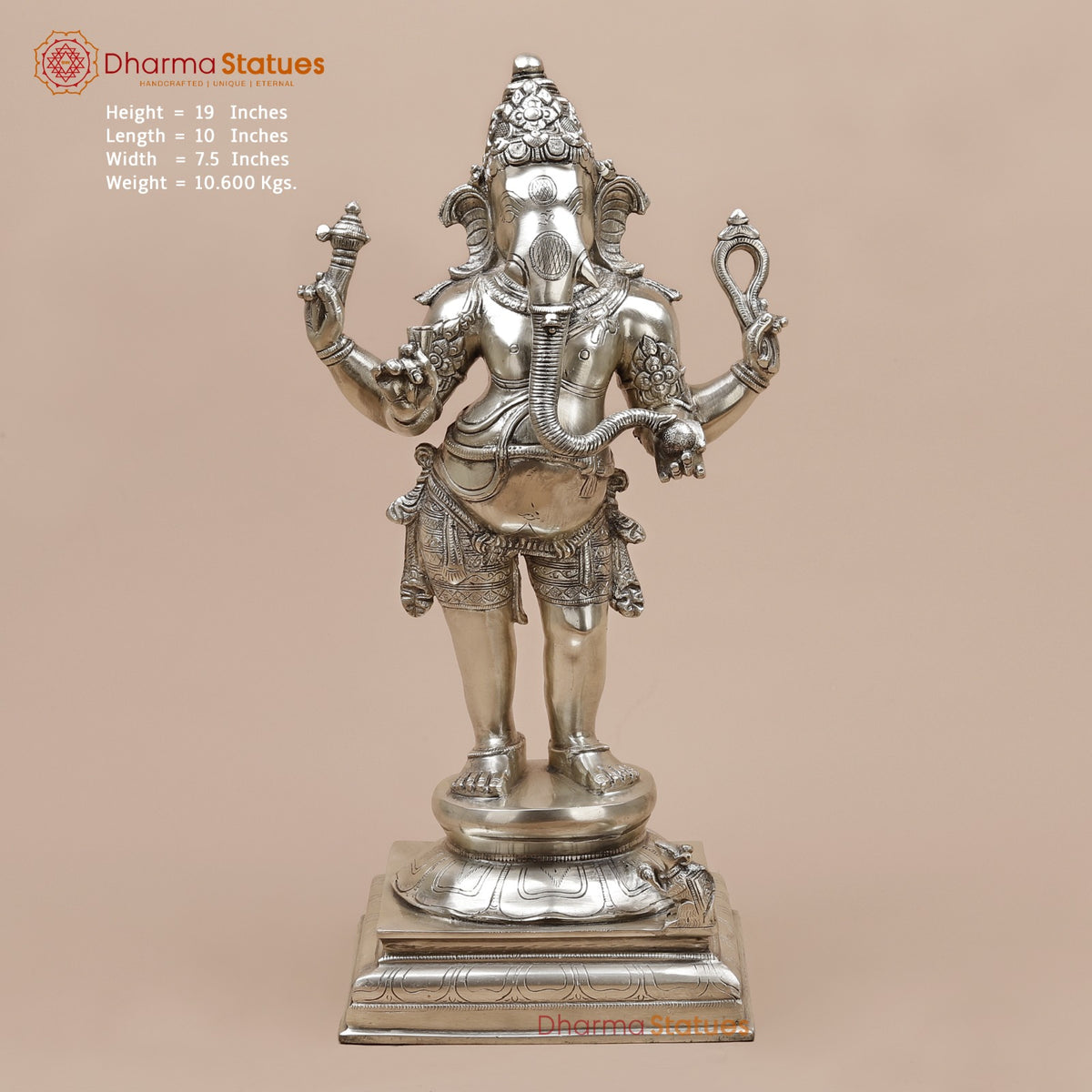 Brass Ganesh Standing Fine, Silver Coated 19”