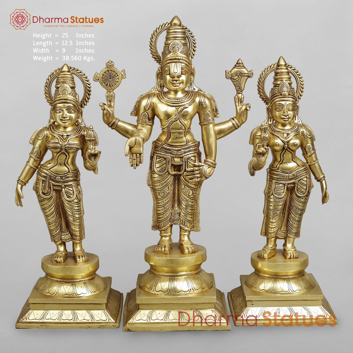 Brass Balaji with Sridevi and Bhudevi Fine, Golden Finish 25”