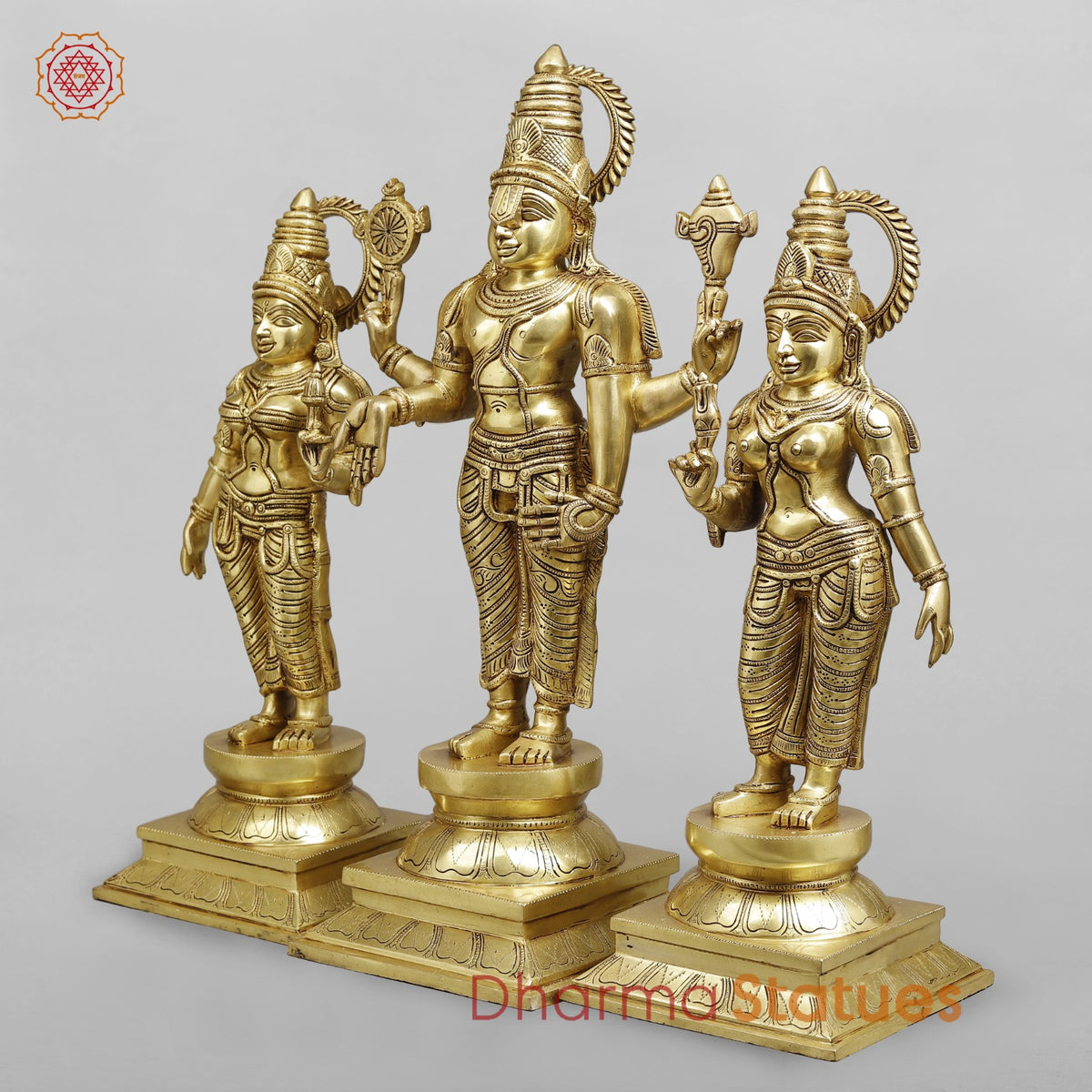 Brass Balaji with Sridevi and Bhudevi Fine, Golden Finish 25”