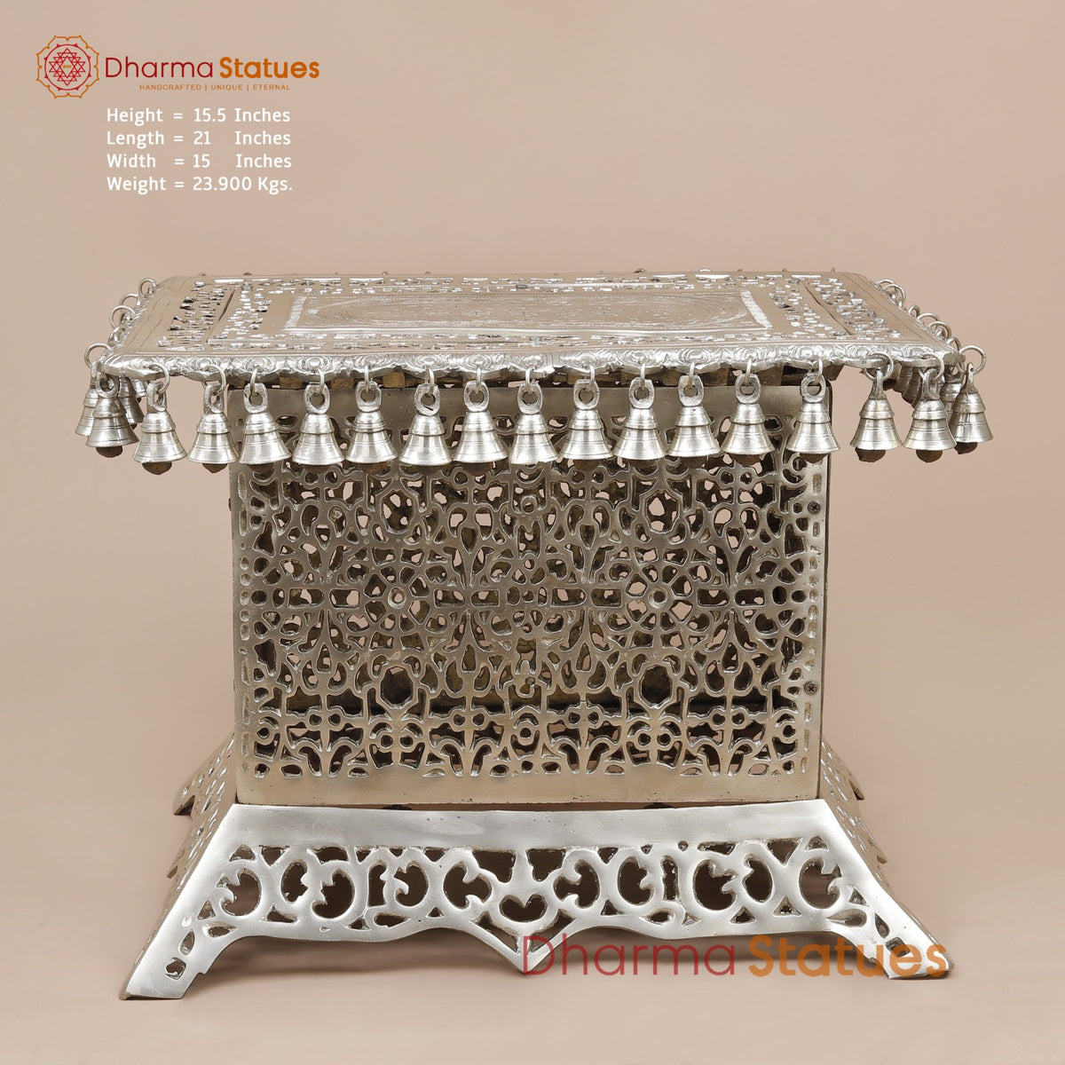 Brass Pedestal With Bells and Jali cut Work Fine, Silver Coated 16”
