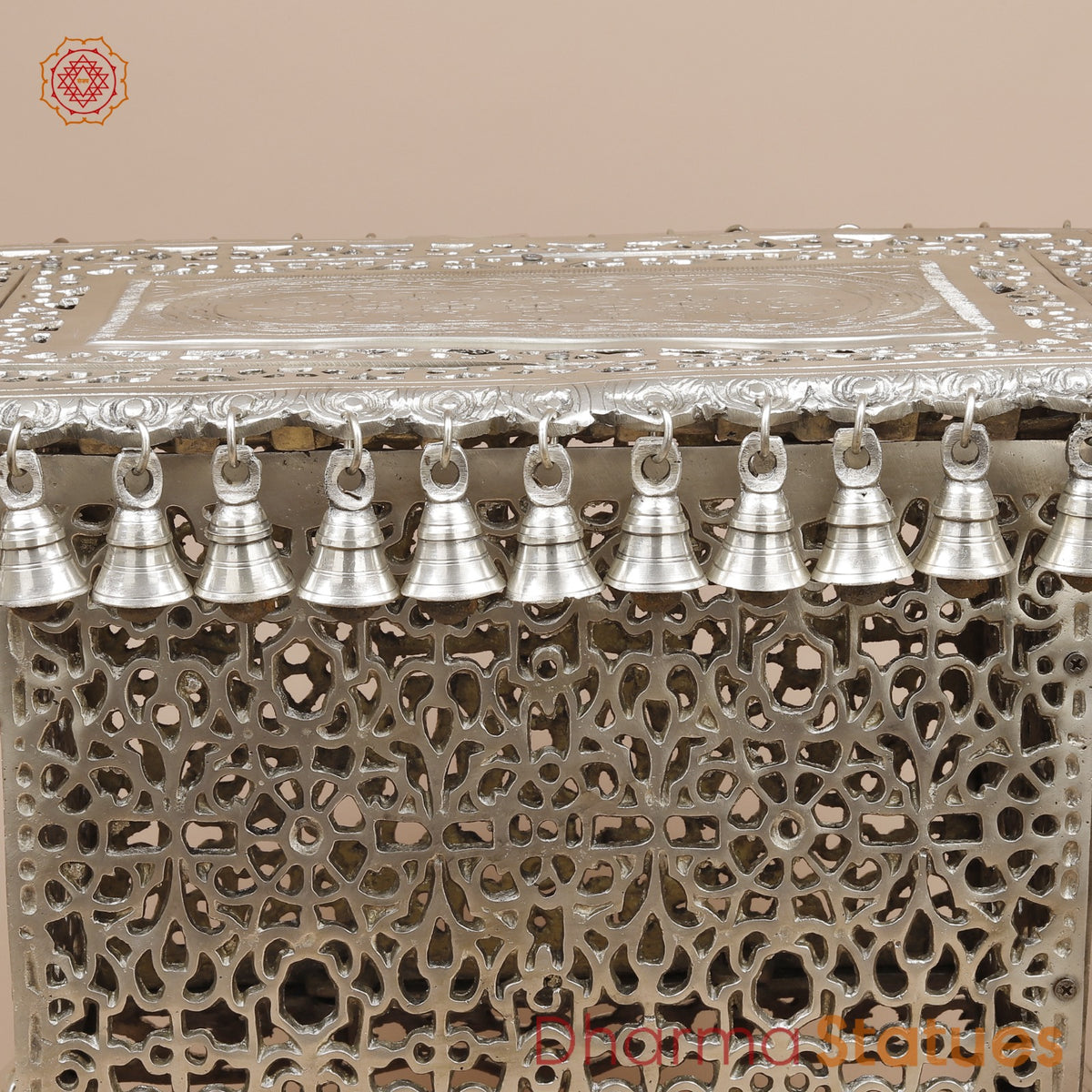 Brass Pedestal With Bells and Jali cut Work Fine, Silver Coated 16”