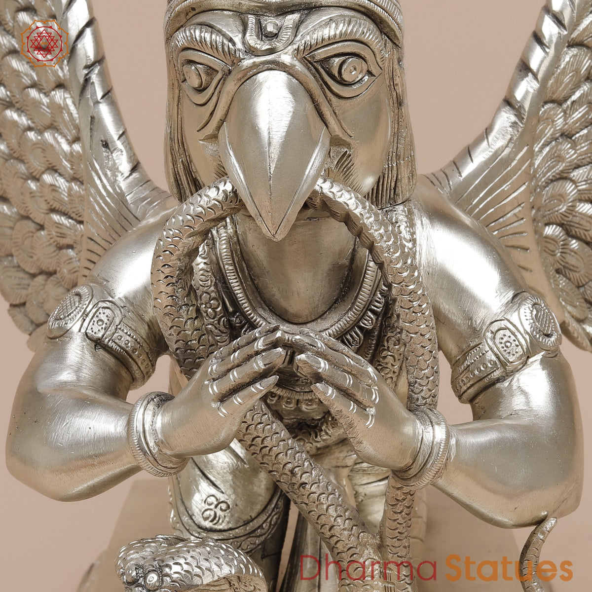 Brass Garuda Flying Holding Snake, Silver Coated 12”