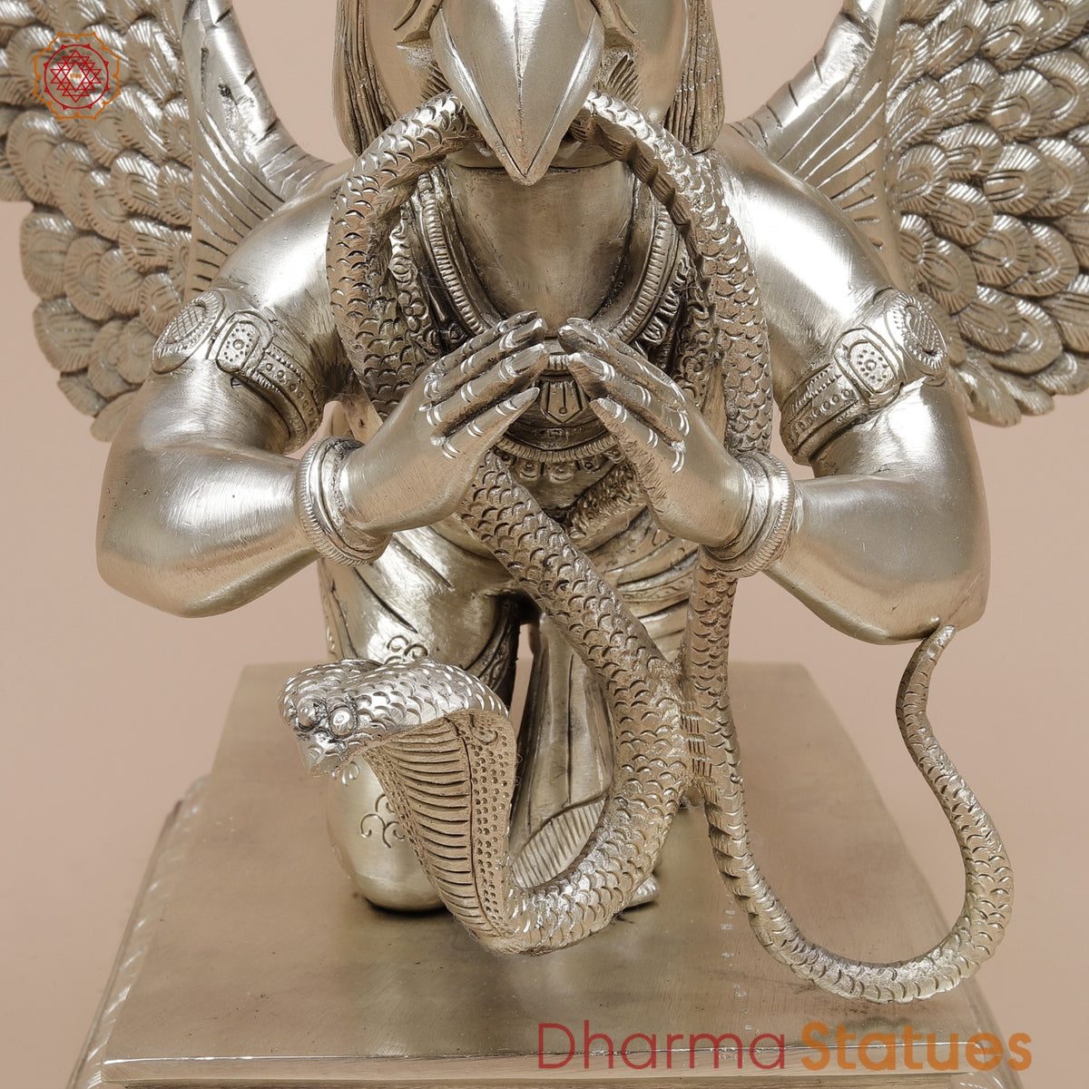 Brass Garuda Flying Holding Snake, Silver Coated 12”