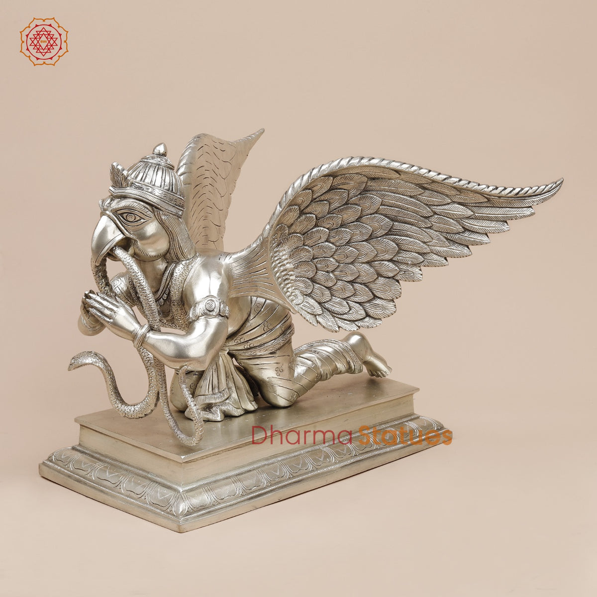 Brass Garuda Flying Holding Snake, Silver Coated 12”