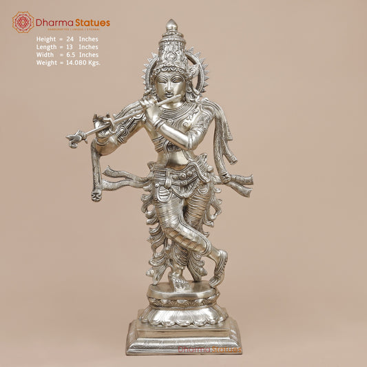 Brass Krishna Standing with Garlands, Silver Coated 24”