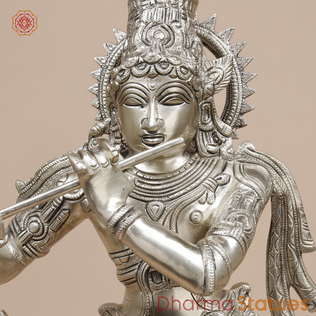 Brass Krishna Standing with Garlands, Silver Coated 24”