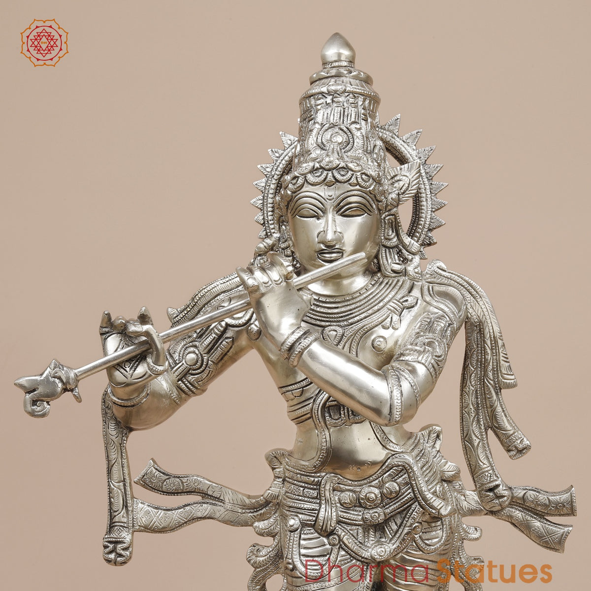 Brass Krishna Standing with Garlands, Silver Coated 24”