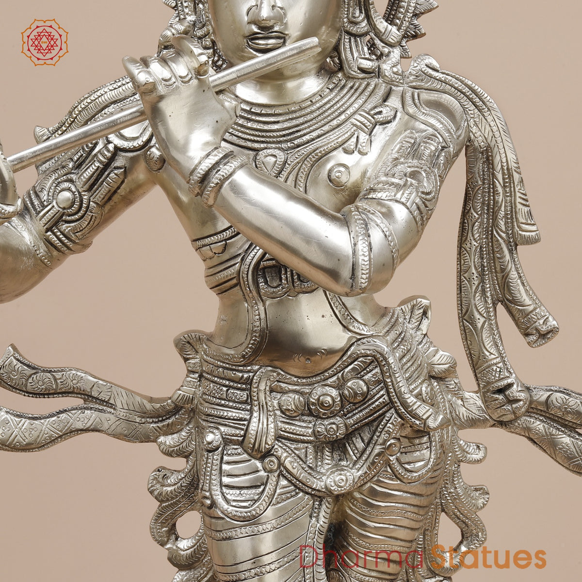 Brass Krishna Standing with Garlands, Silver Coated 24”