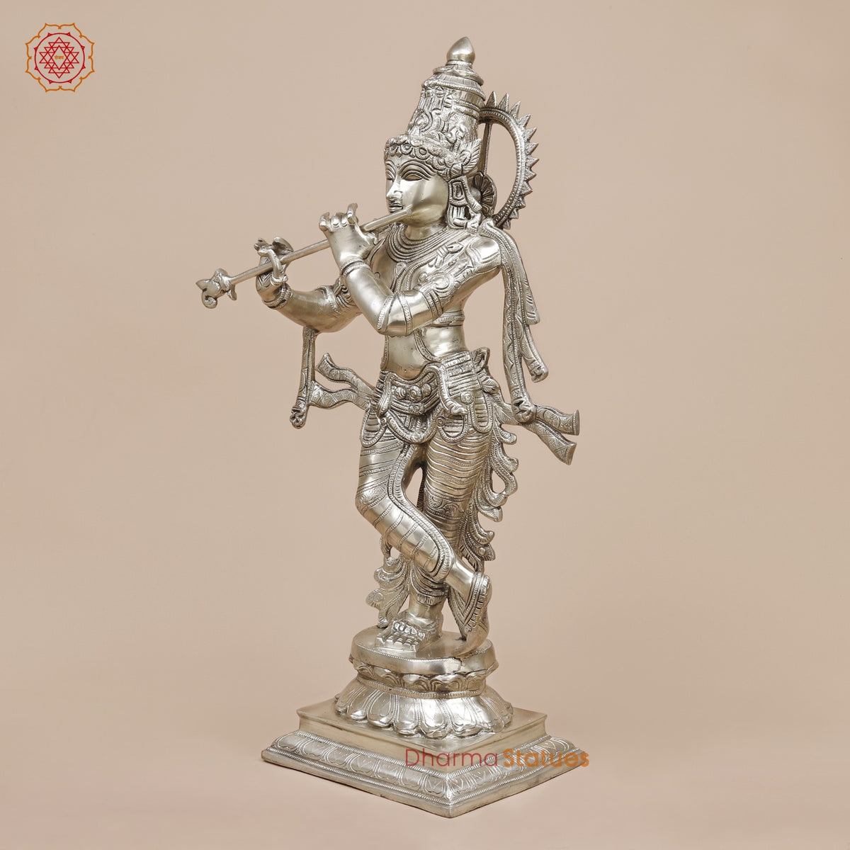 Brass Krishna Standing with Garlands, Silver Coated 24”